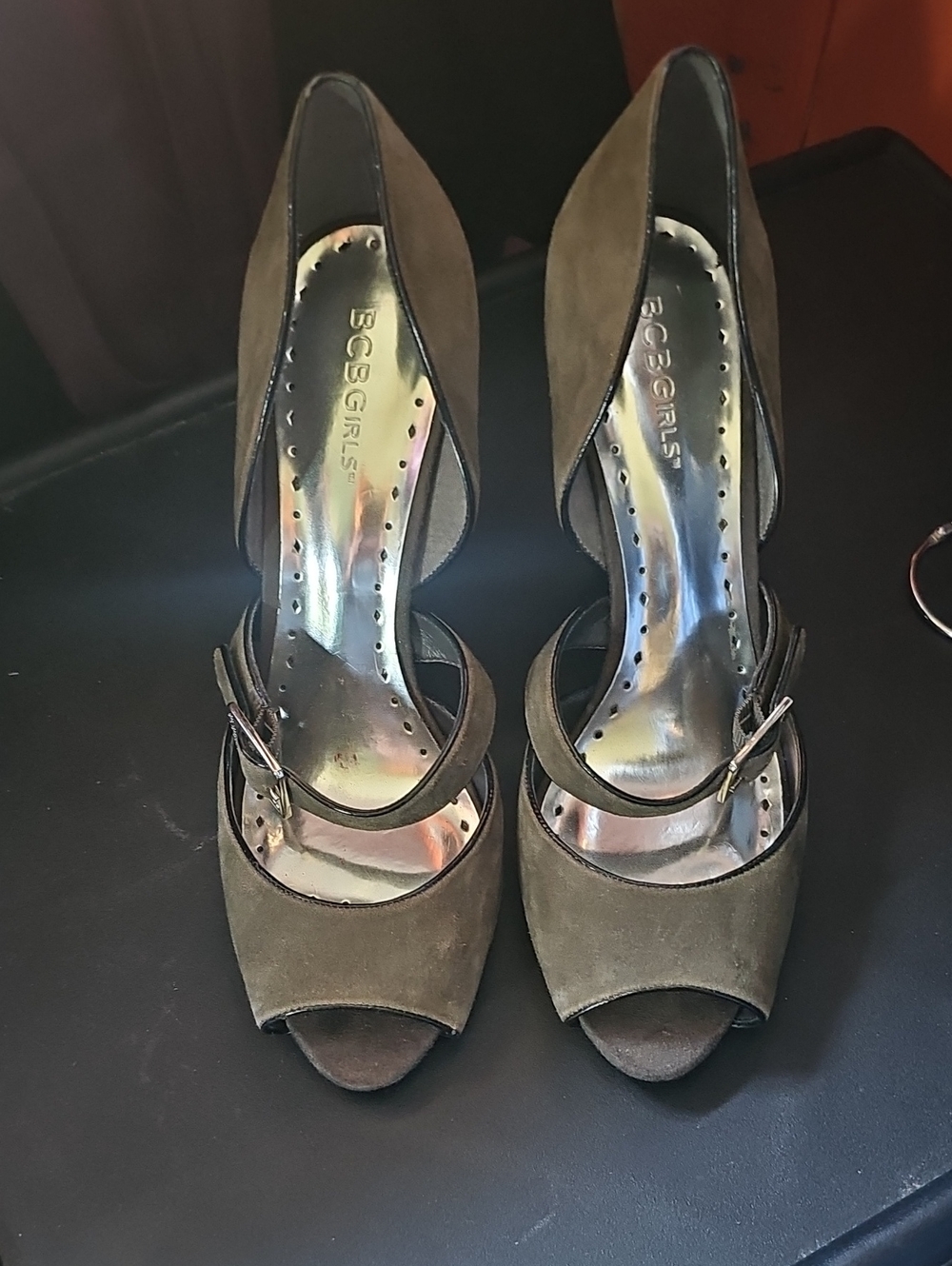 BCBGirls Olive Green/ Gray  Suede Peep-Toe Heels